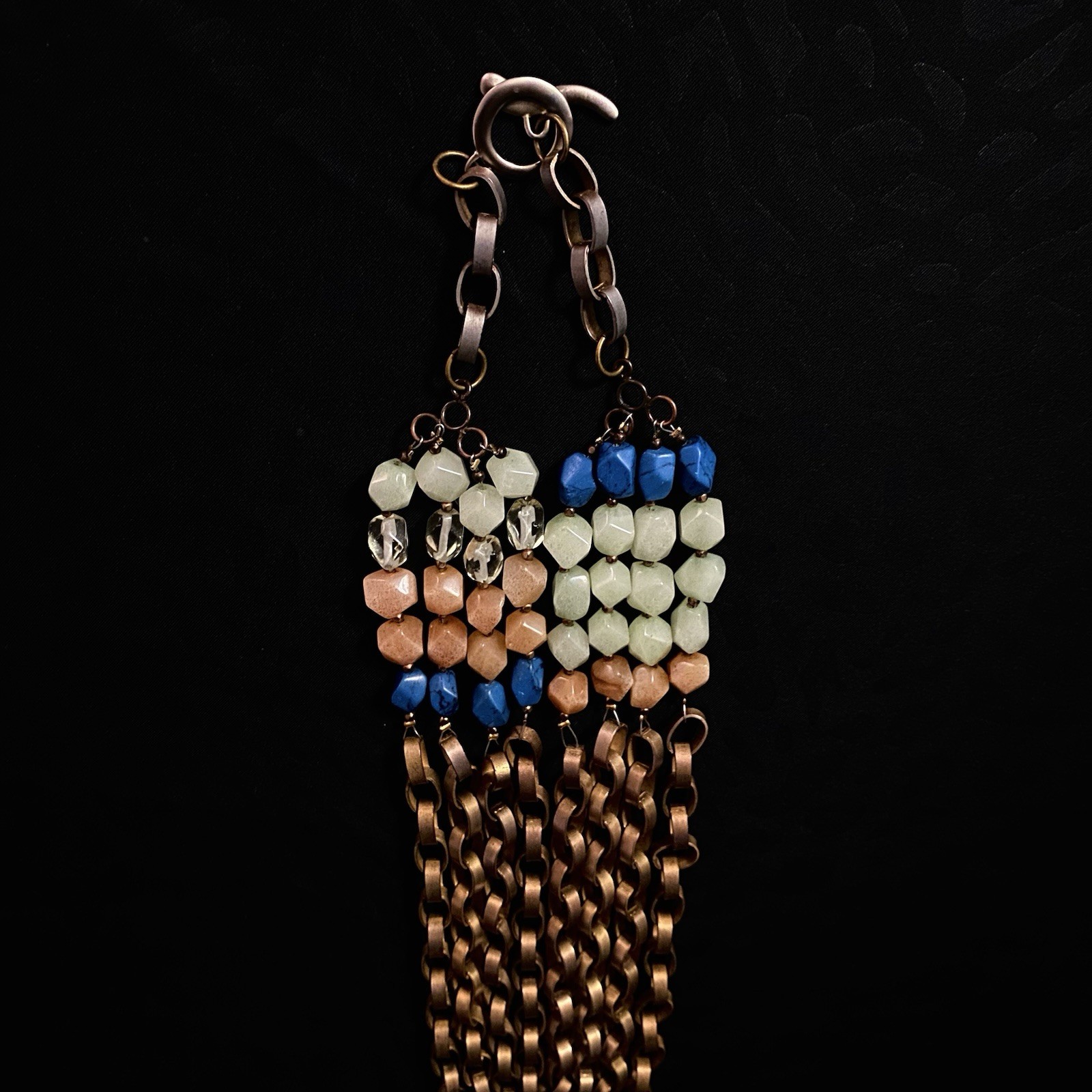 Layered Multi-Strand Bronze Chain Necklace + Blue/Peach/Mint Faceted Beads