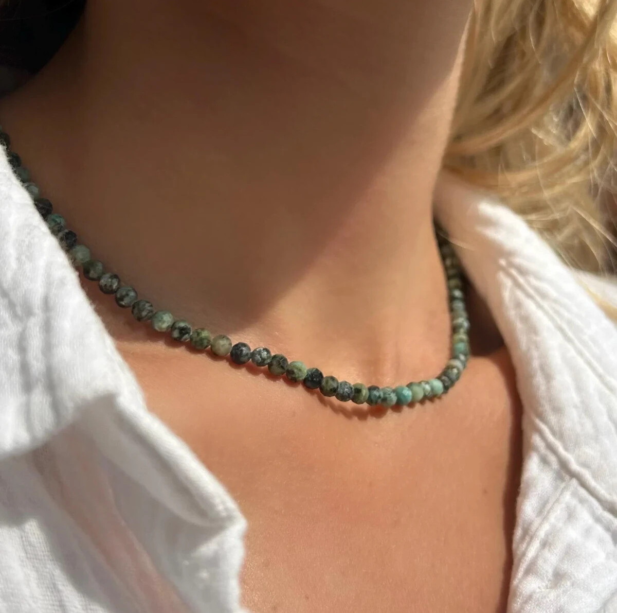 African Turquoise Choker Natural Green Stone Facted Necklace Healing Reiki Gift
