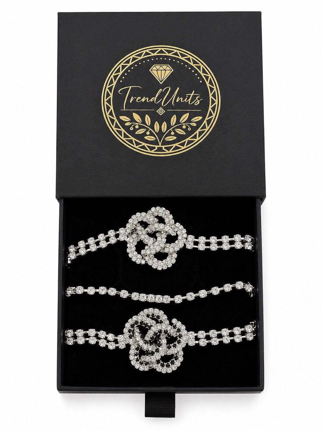 3PCS Crystal Flower Bracelet Set Silver Rhinestone Adjustable Gift Box Included