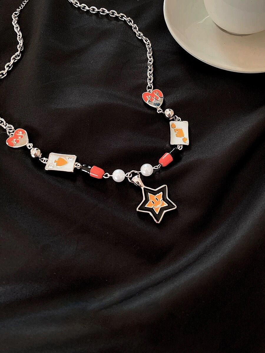 Silver Charm Necklace Star Smile Heart Card Pillar Bead Imitation Pearl Jewelry