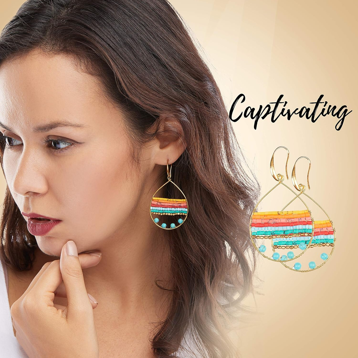Handmade Boho Teardrop Earrings for Women – Silver and Gold Dangle Hoop. Colorfu