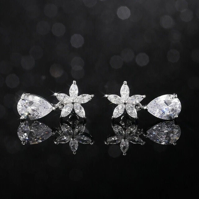 Drop Dangle Women Earrings 4 Ct Pear Cut Diamond Simulated 14K White Gold Finish