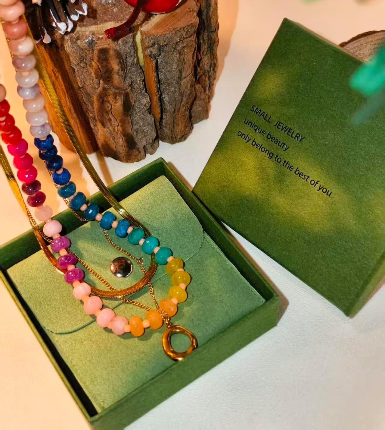 Layered Beaded Necklace for Women Colorful Trendy Snake Chain Circle Pendant Cho