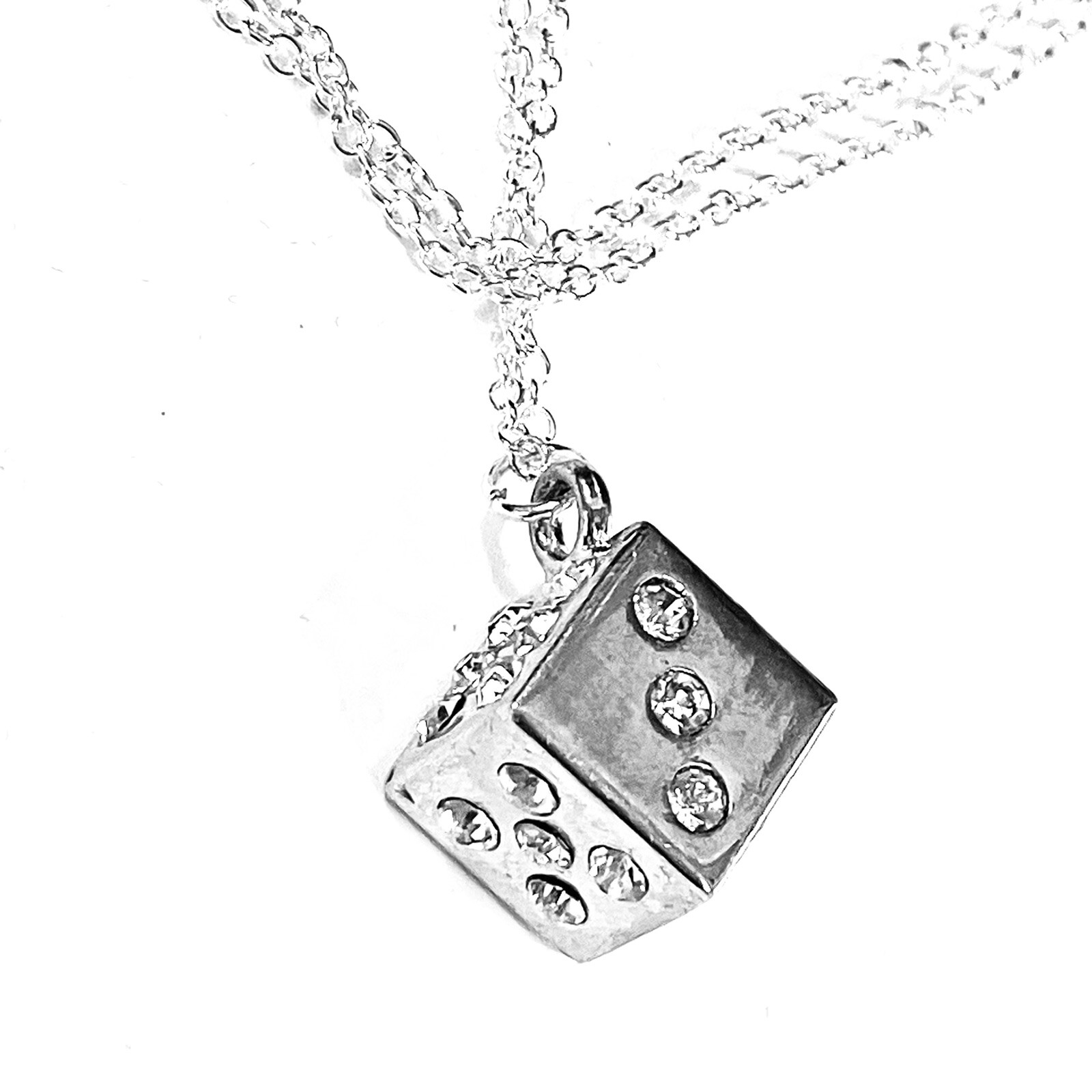 Silver Rhinestone Crystal Encrusted Dice Pendant Necklace on 18” Silver Chain