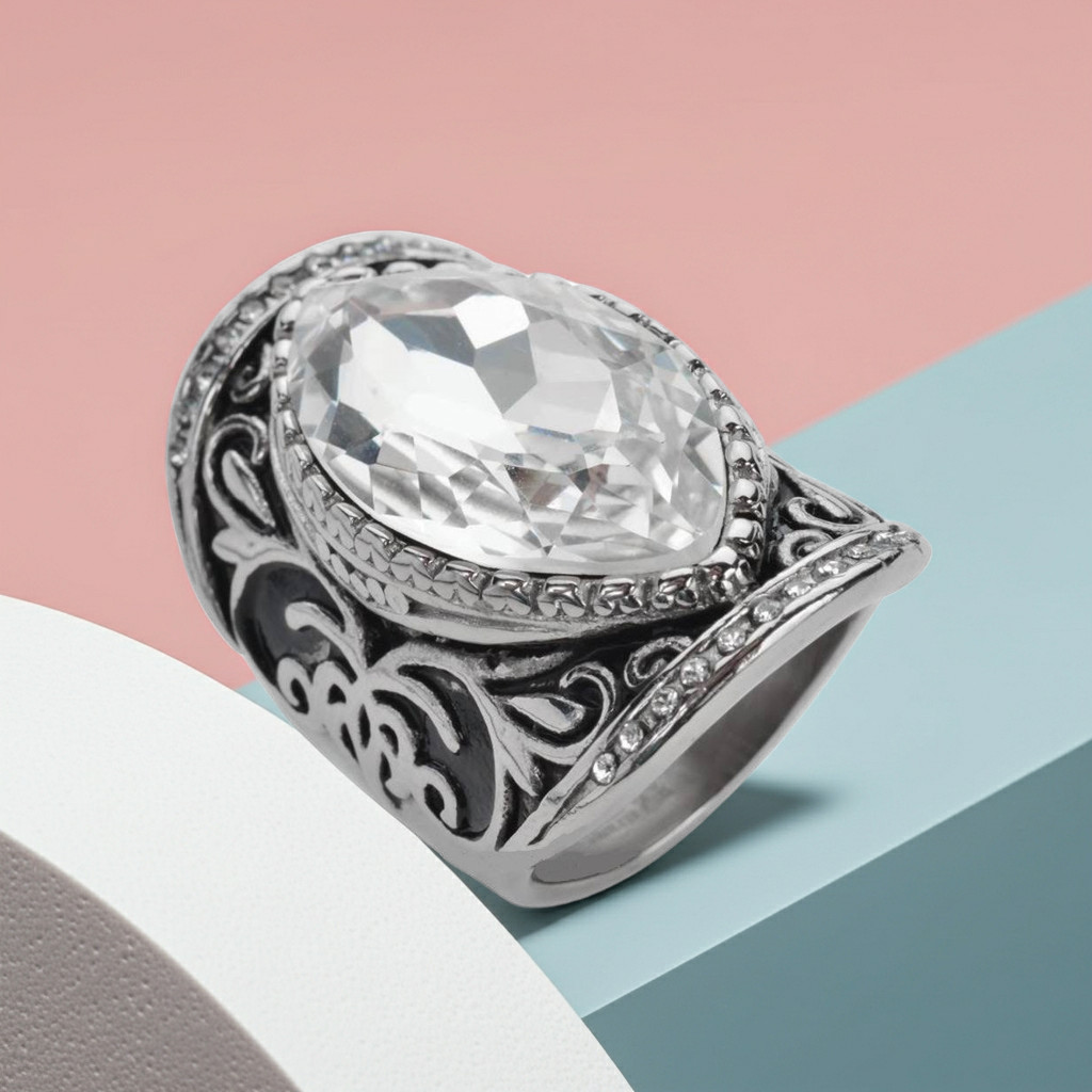 Ladies Big Crystal Fancy Design Ring Stainless Steel Jewelry 103