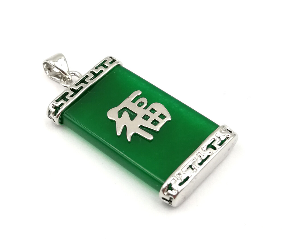 Green Multicolor Genuine Jade Blessing Fortune 18KGP Rectangle Pendant Necklace