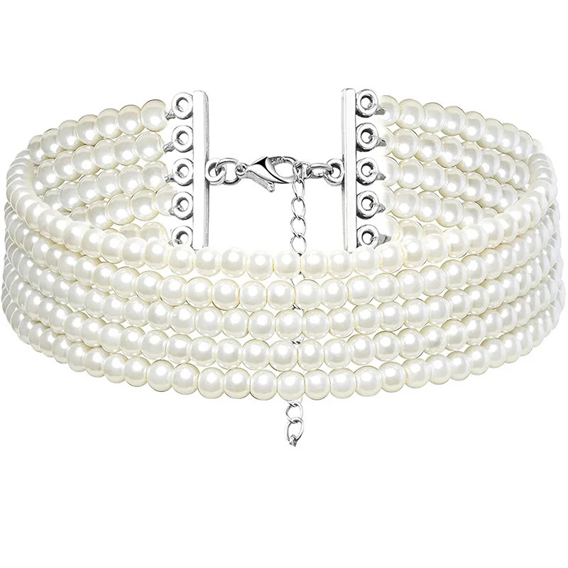Faux Pearl Layered Collar Choker Necklace Women White Beaded Rope Jewelry