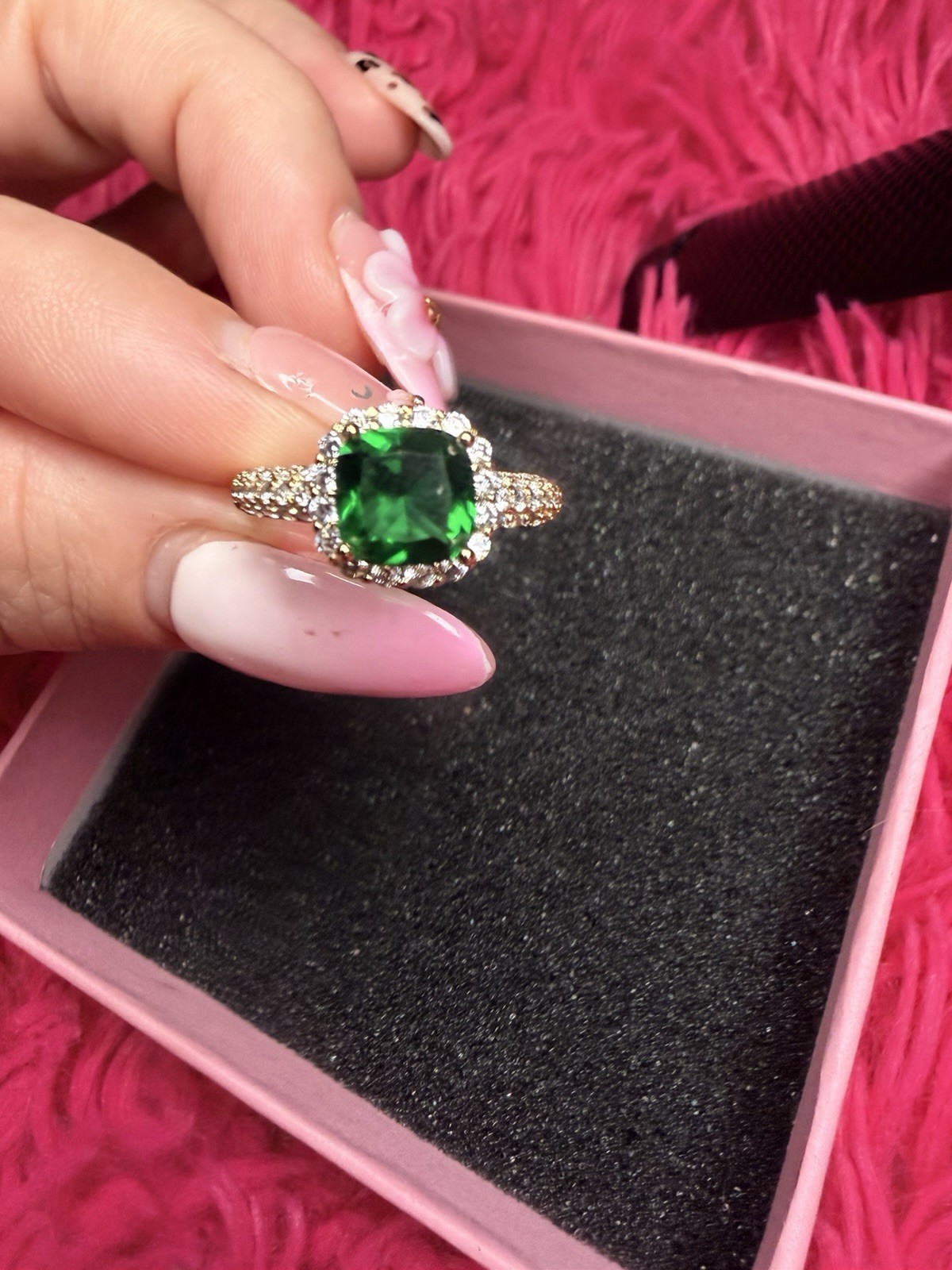 Gold Filled Emerald Green Halo Ring AAA CZ Cushion Cut Size 6