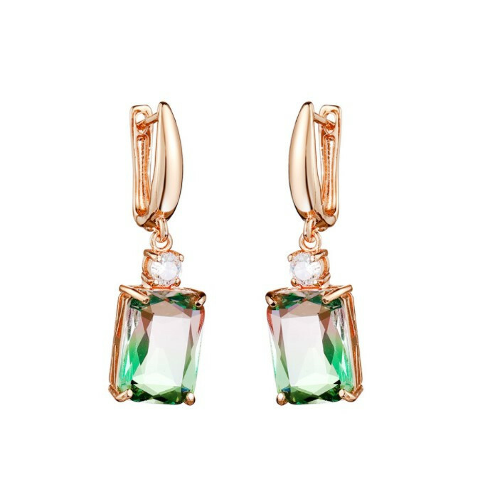 Sparking Square Cut Green Color Tourmaline Rose Gold Plated Hook Dangle Earrings