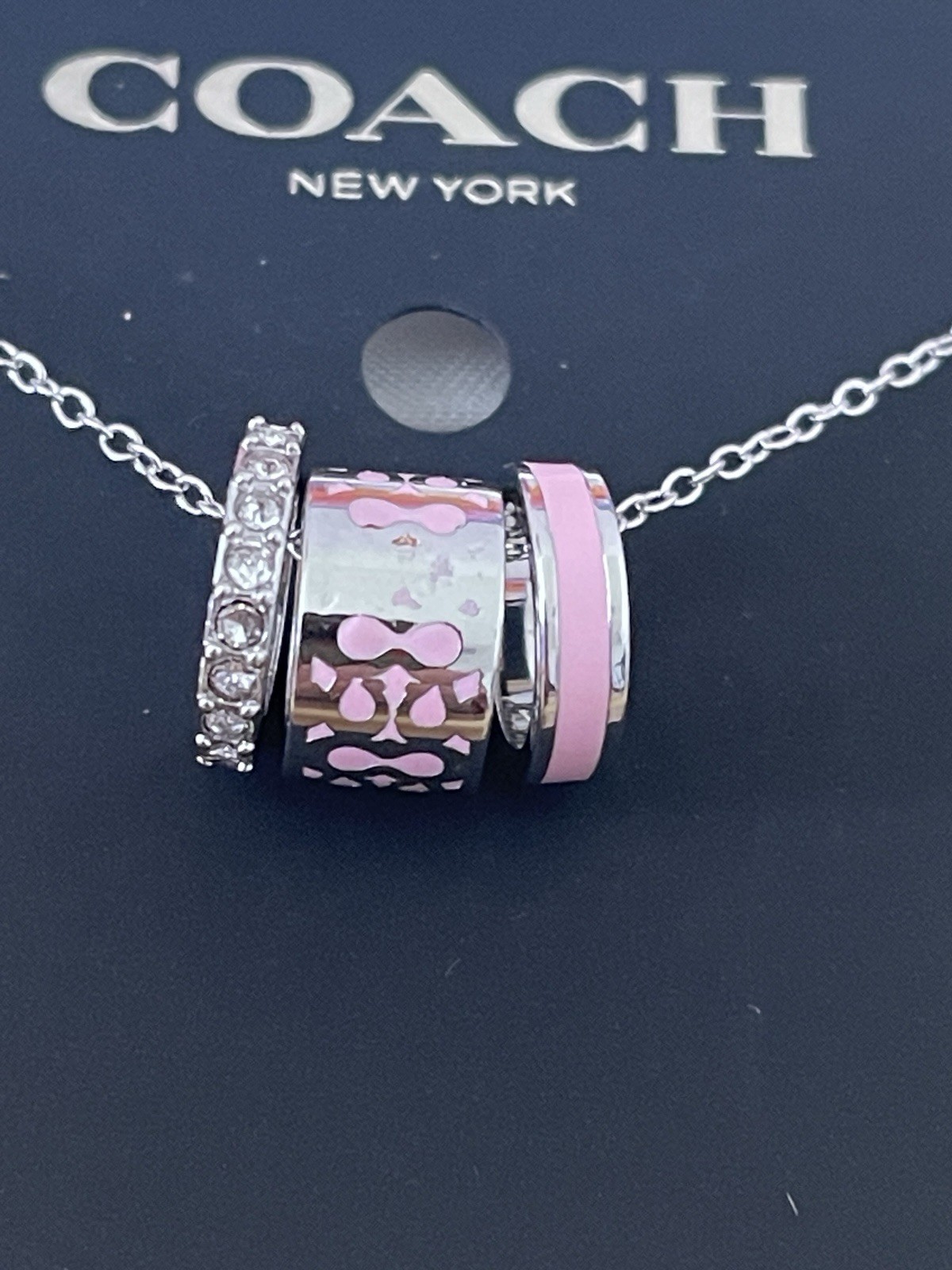COACH SIGNATURE TEA ROSE MOTIF NECKLACE SILVER-TONE PINK/CRYSTAL NEW + DUST BAG