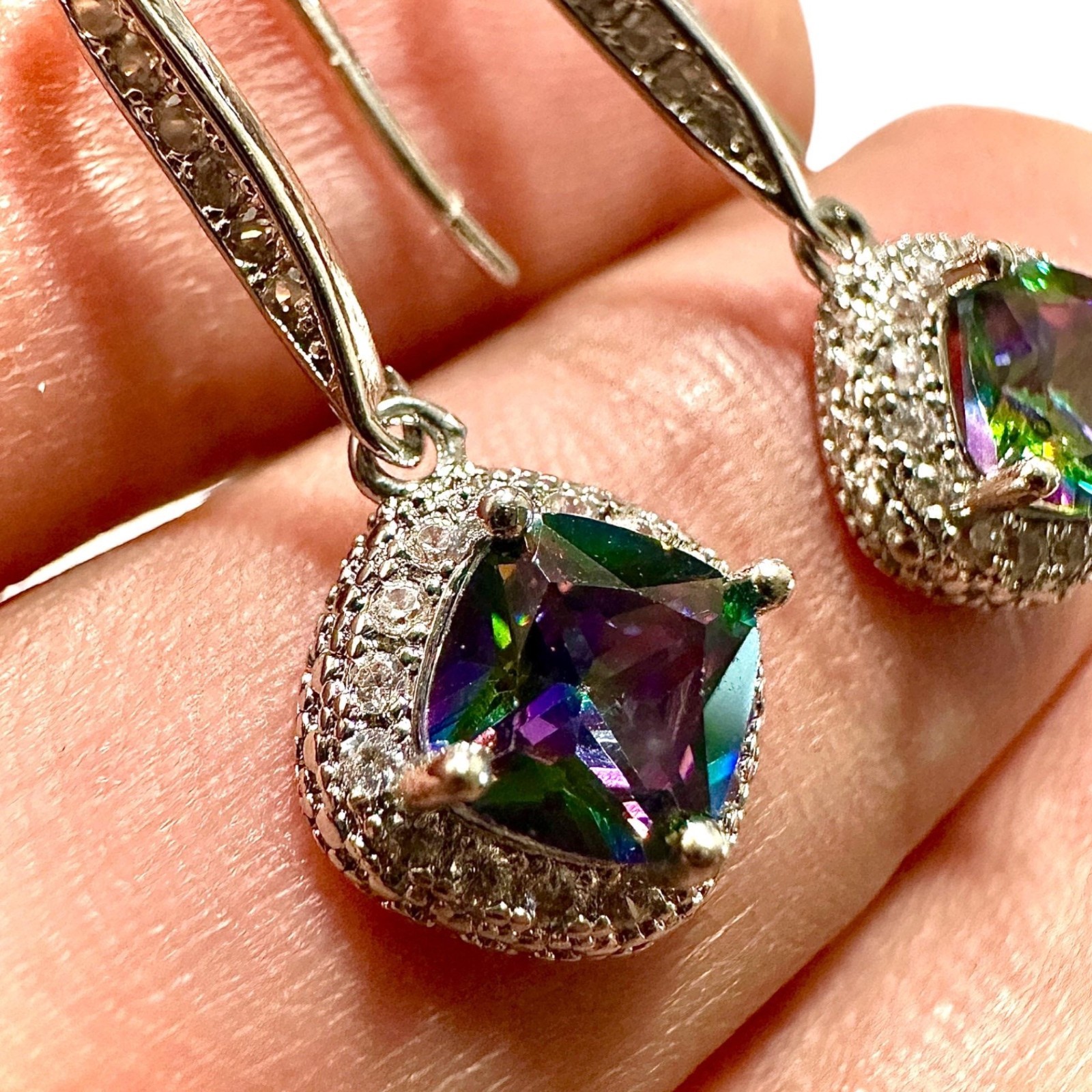 Mystic Topaz CZ Earrings 6mm Silver Plated 35mm Rainbow Dangle Drops