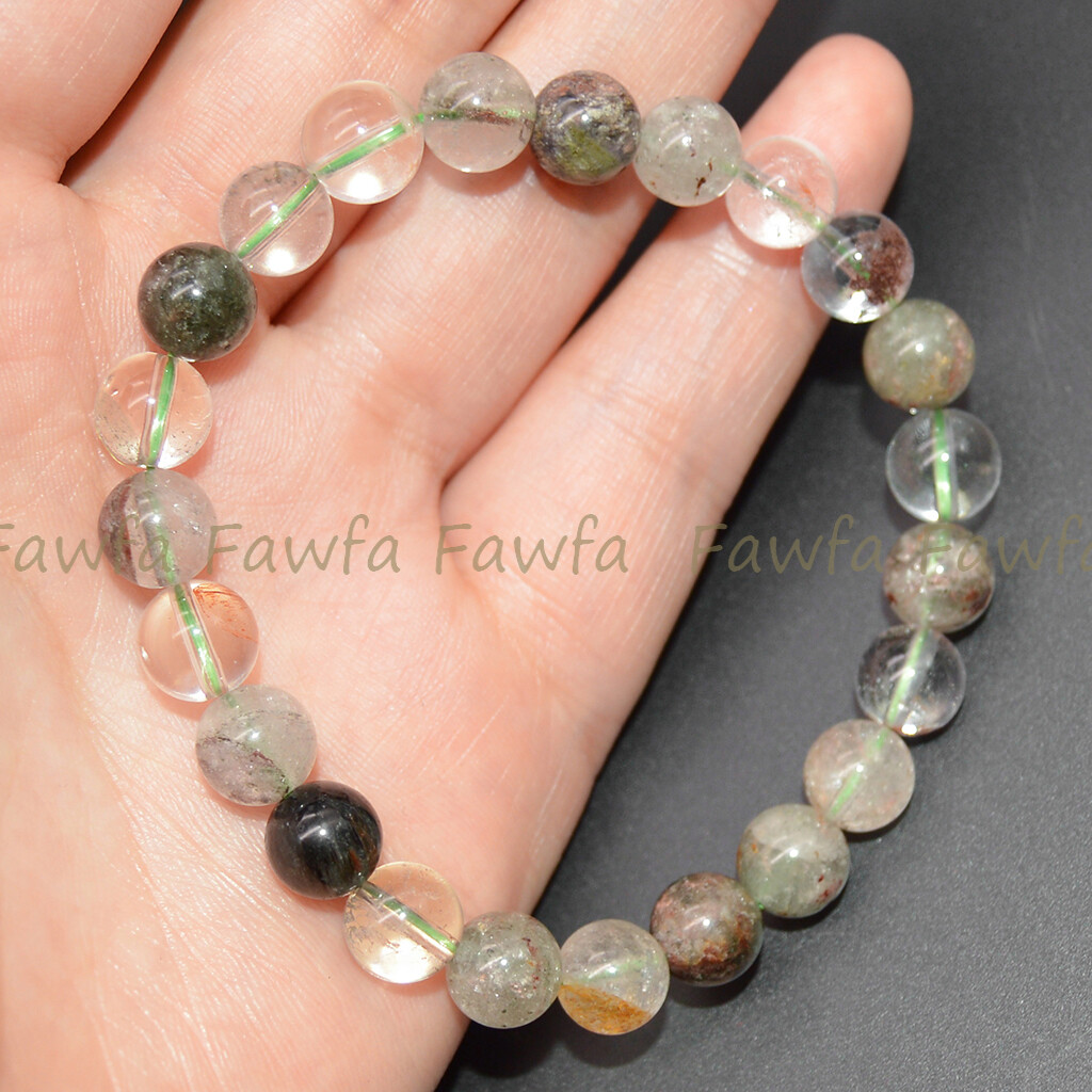 6 Pcs 8mm Green Phantom Ghost Quartz Crystal Round Gems Beads Elastic Bracelet