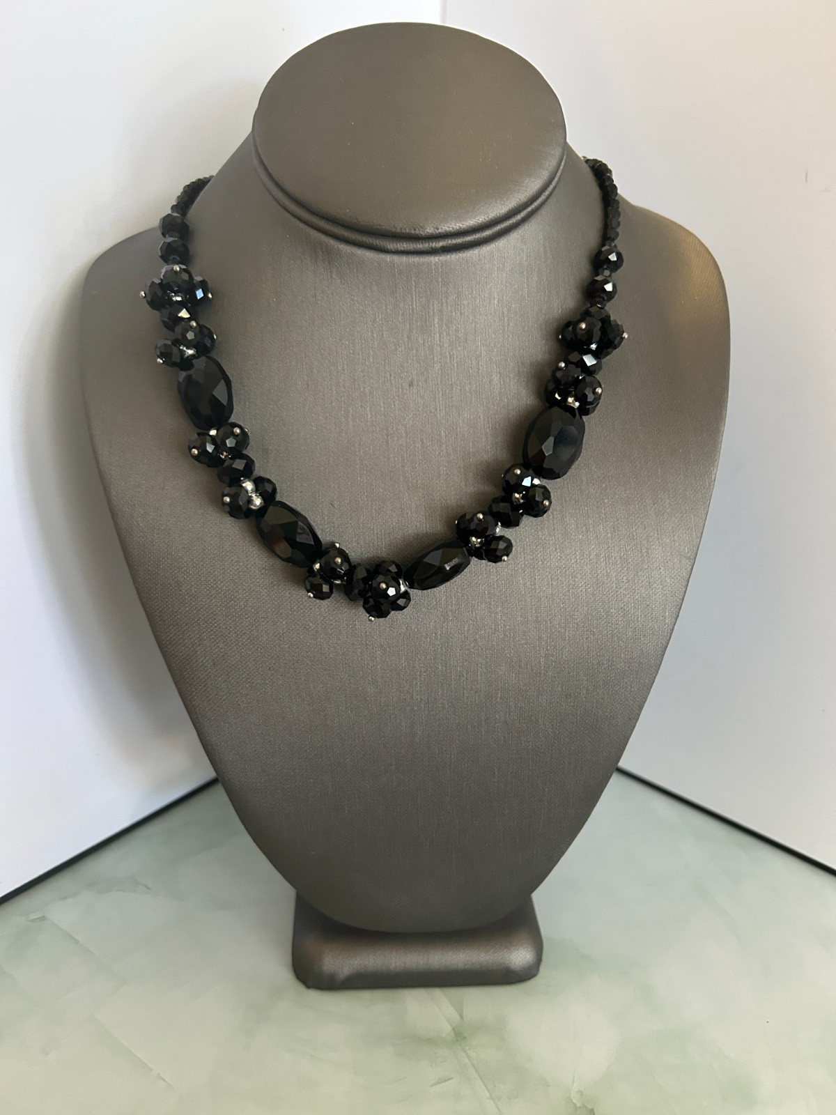 Vintage Good Quality Black Glass Faceted Beads Statement Necklace 20″ +
