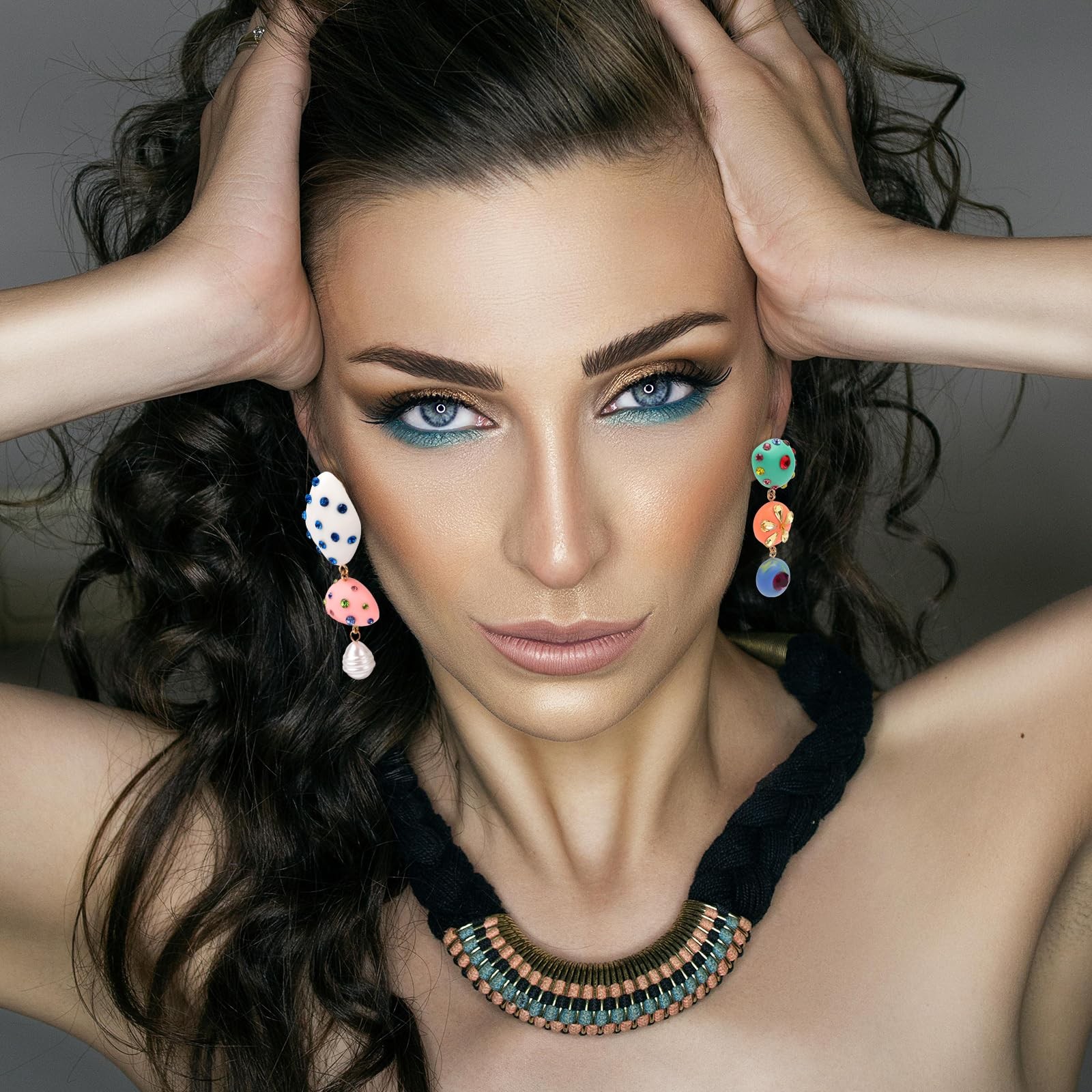 Mikovivi Asymmetrical Dangle Earrings, Multicolored, Rhinestones & Resin,