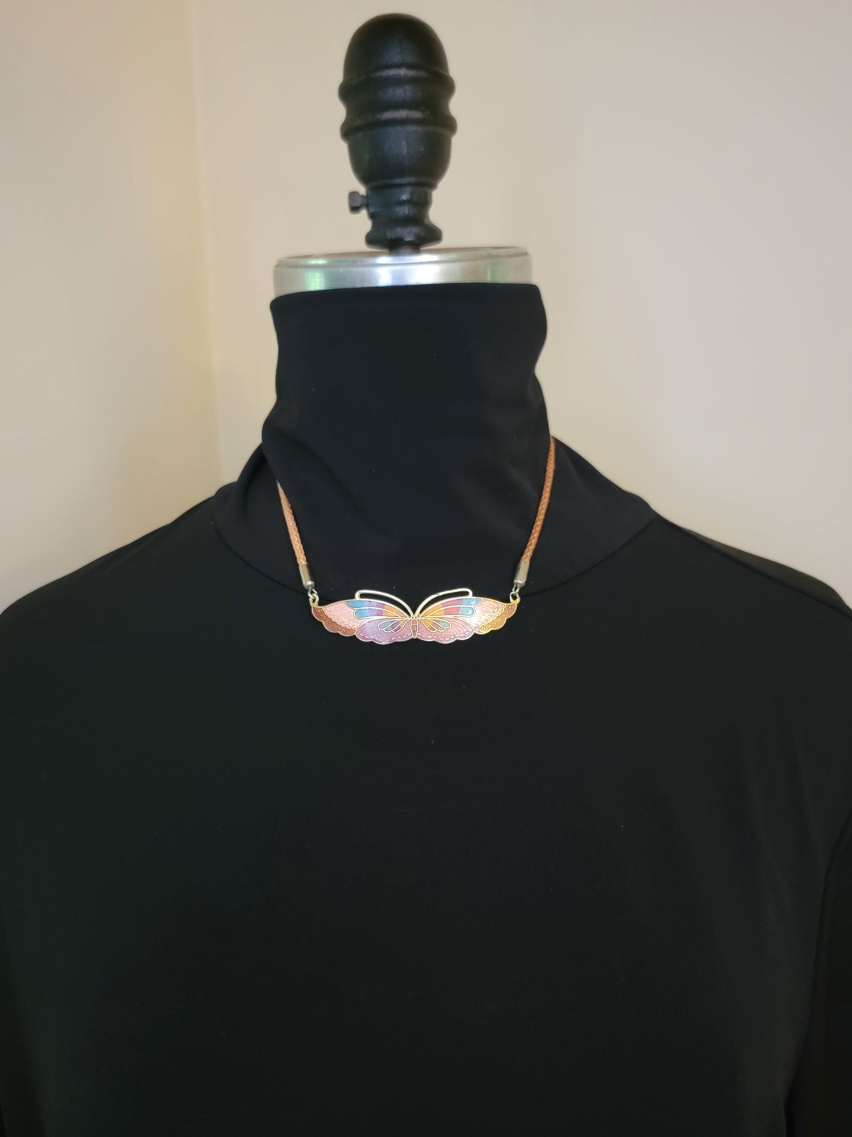 Cloisonne Enamal Multi Color Butterfly 1970/80s Corded Necklace