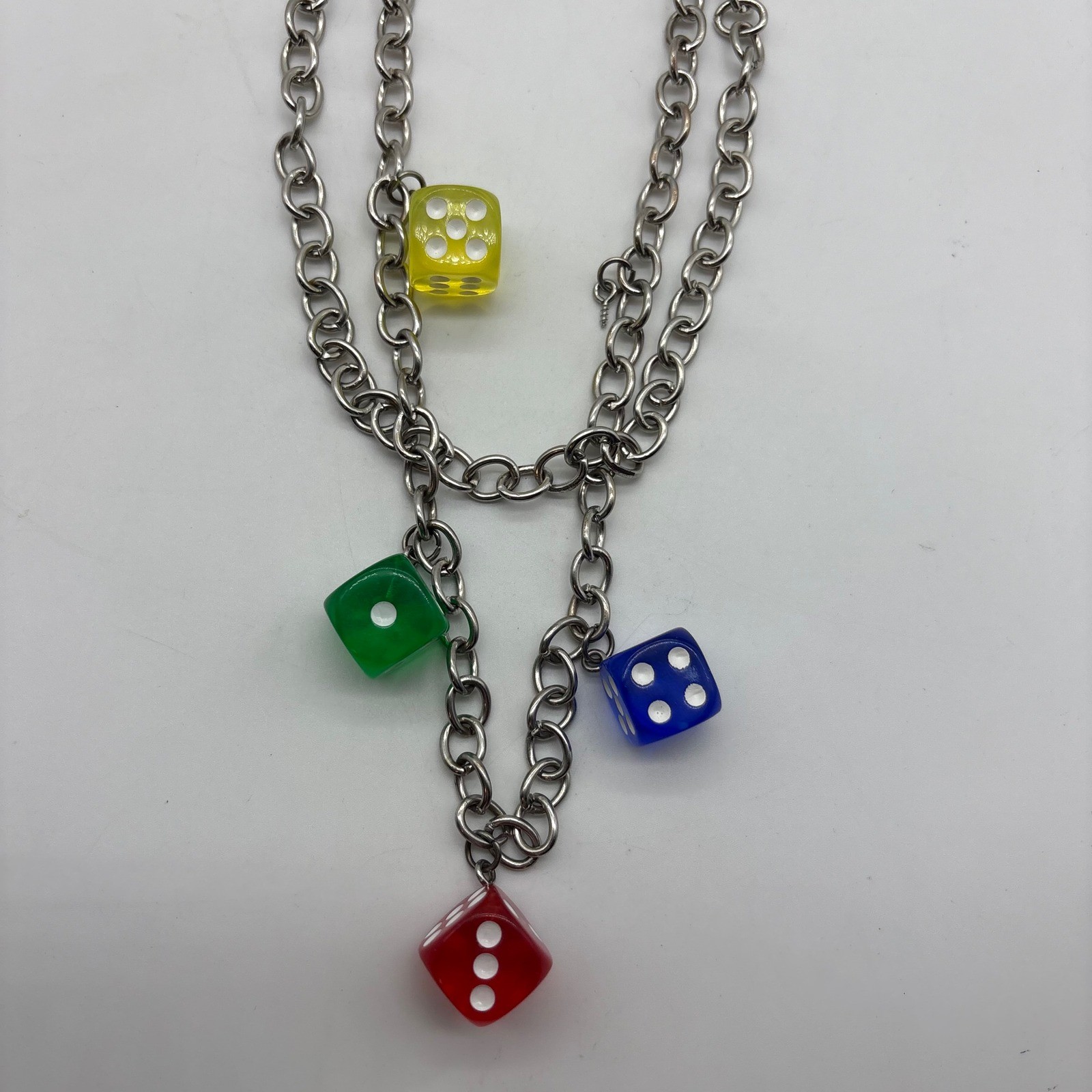 Silver Tone Double Layered Chain Necklace with Multicolor Translucent Dice