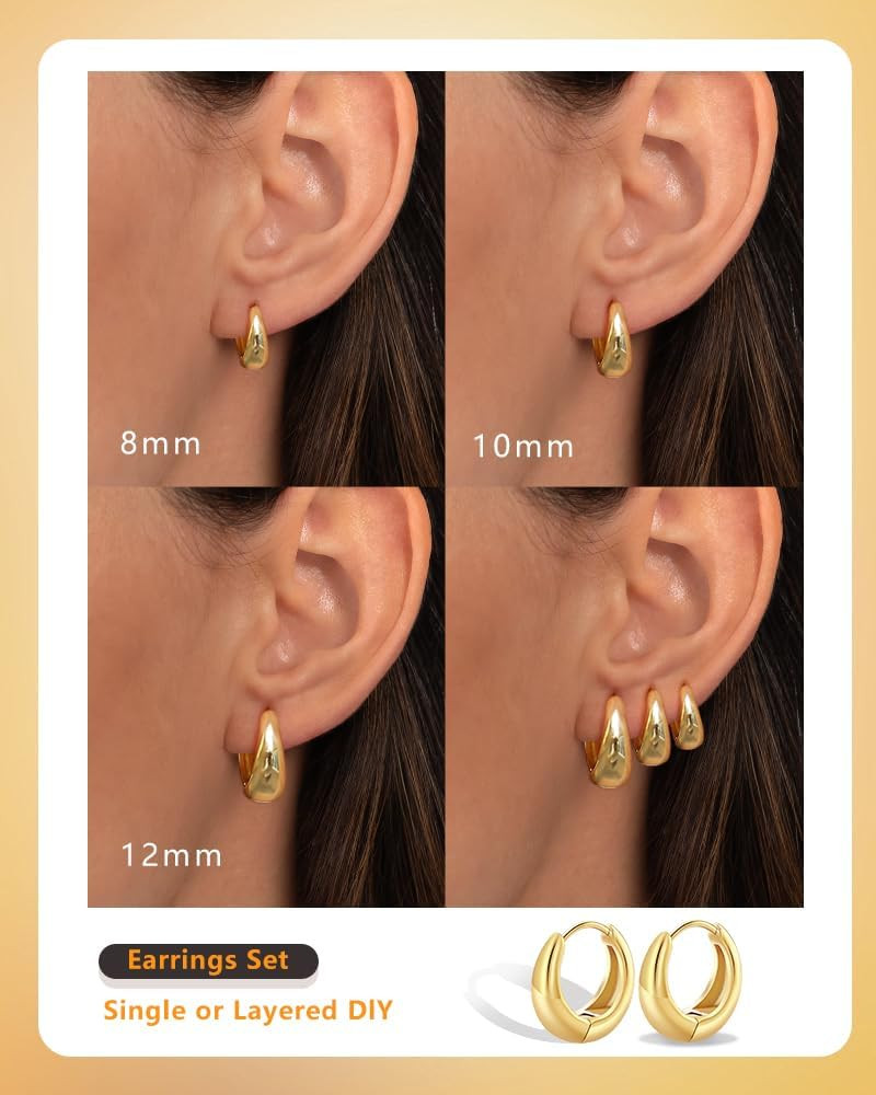 Surgical Steel Small Huggie Hoop Earrings for Women Set,14K Gold Plated Hypoalle