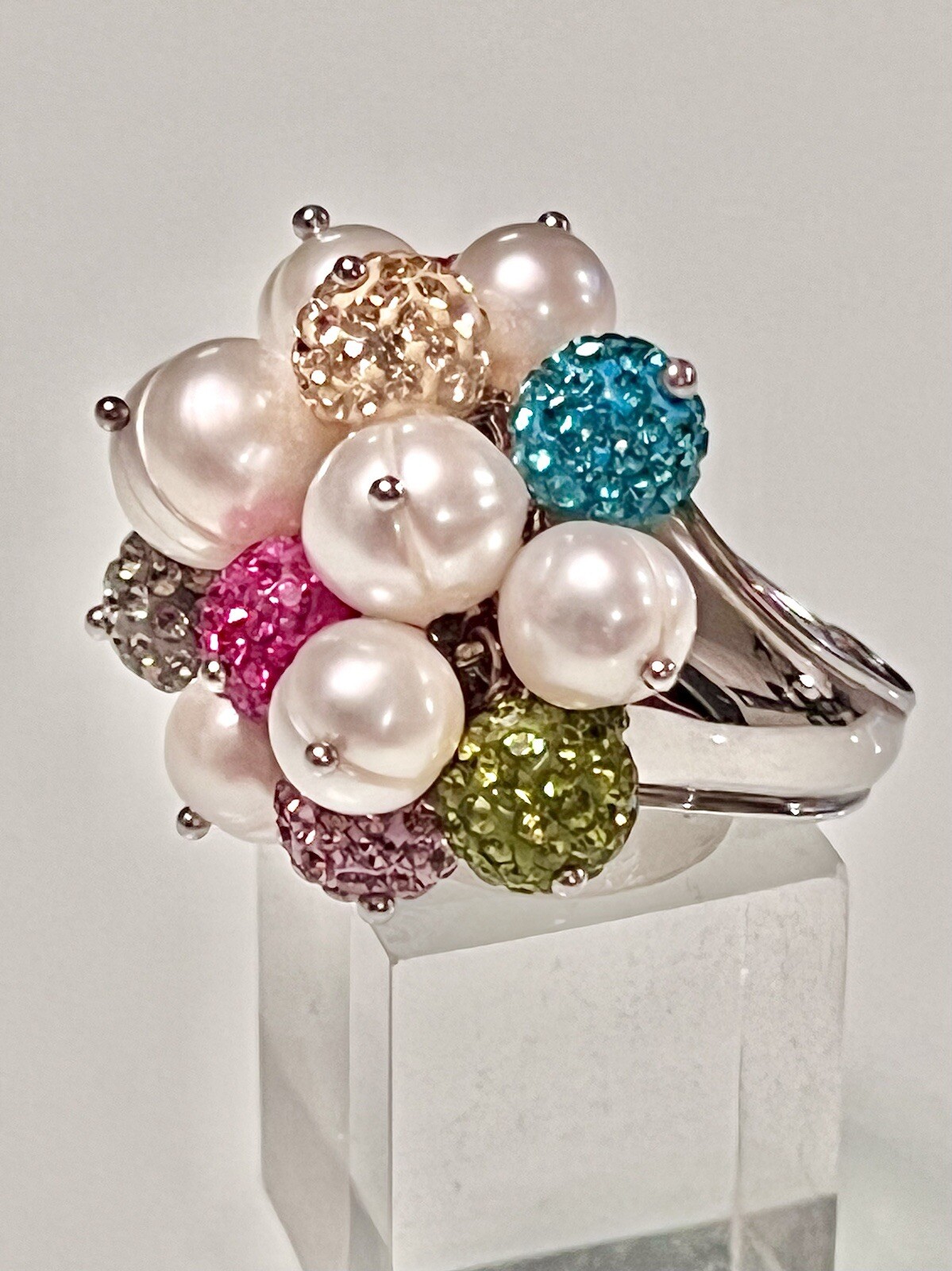 ROSS SIMONS~925 SS PEARLS W COLORED CRYSTAL BALL CLUSTER RING~SZ 7.25~15.7G