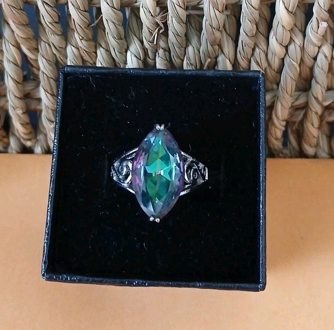 Stainless Steel Size 8 Mystic Fire Look Ring Marquise Shape Silver Scrollwork