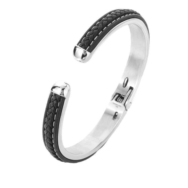 Unique Woven leather stainless steel C-shaped open Cuff Bangle Bracelet For Mens