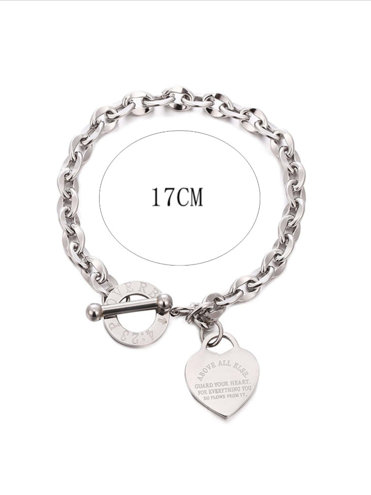 Womens Stainless Steel Heart Charm Toggle Bracelet Proverbs 4:23 Christian Gift