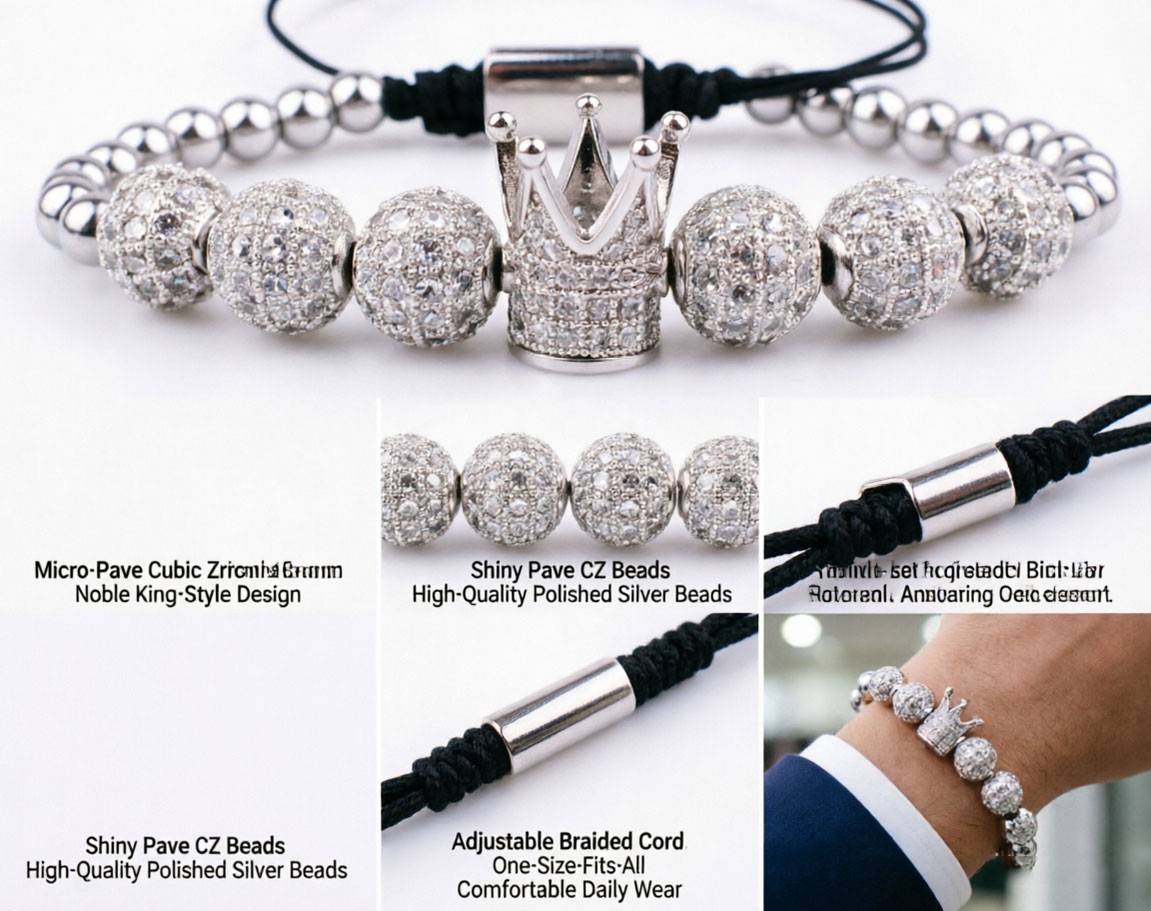 Micro Pave CZ Crown Bead Bracelet Adjustable Braided Cord Shiny Silver Wrist Jew