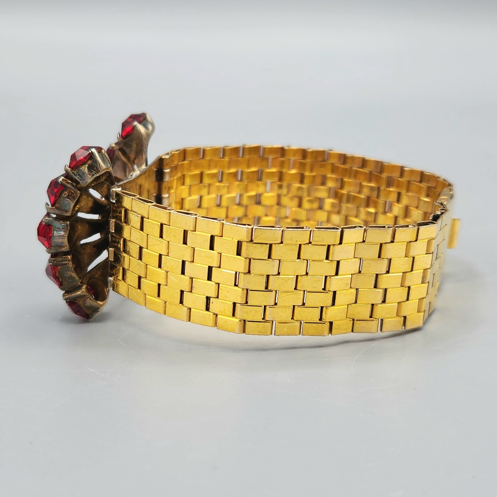 Unsigned Reinad Retro 12K GF Red Paste Crystal Brick Link Cuff Bracelet 6.5″