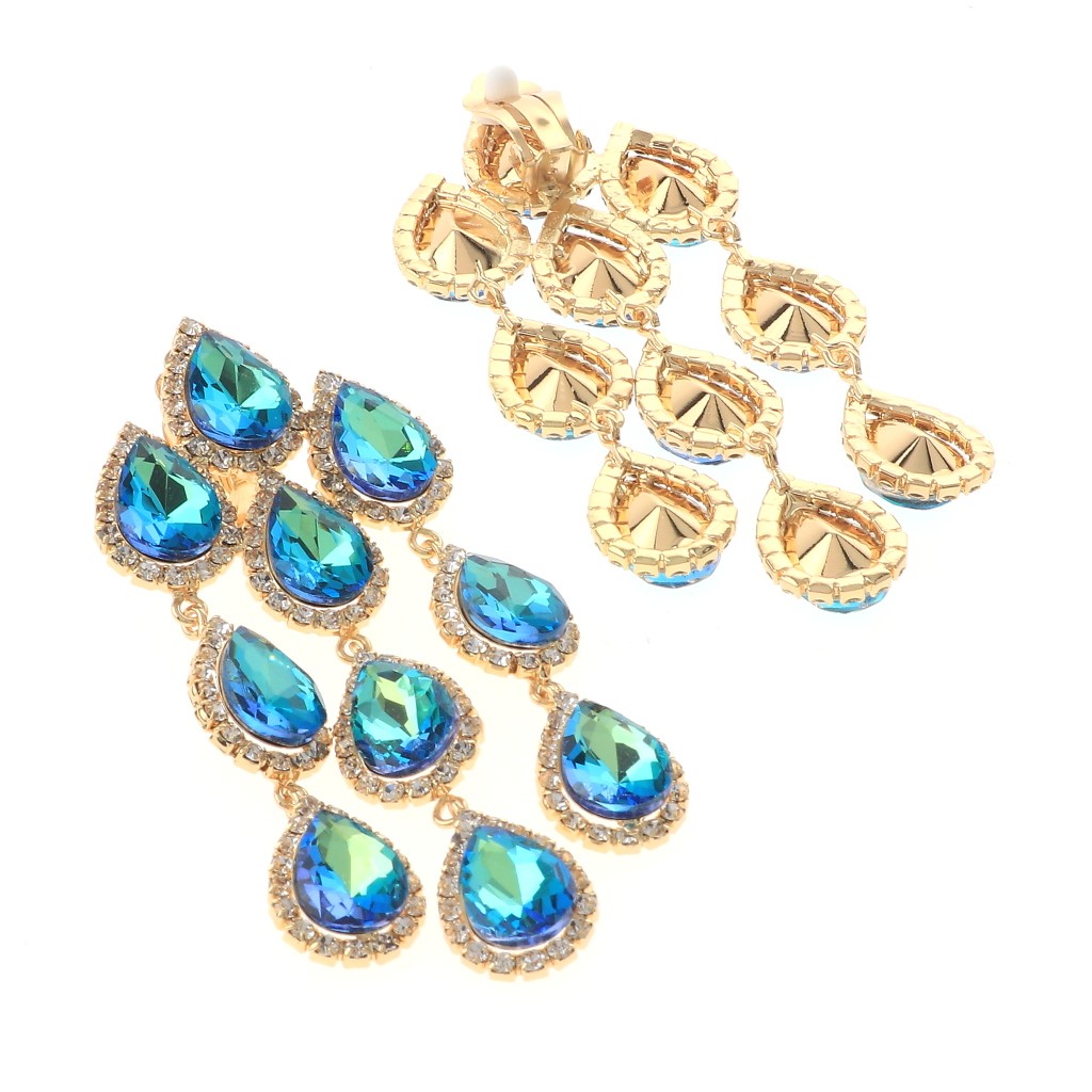 Gold Tone Metal Long Crystal Clip-On Chandelier Earrings ER2517-GBLU