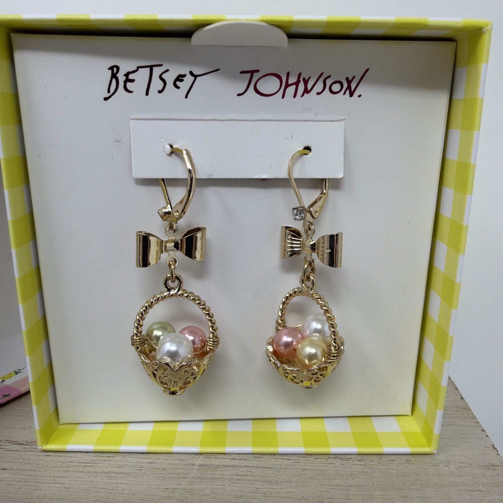 Betsey Johnson Gold Easter Basket Drop Earrings Pearl Eggs Bow Dangle New In Box