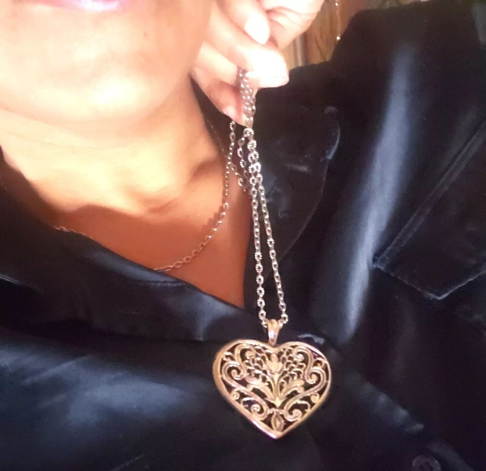 Filigree silver tone heart pendant necklace cottagecore