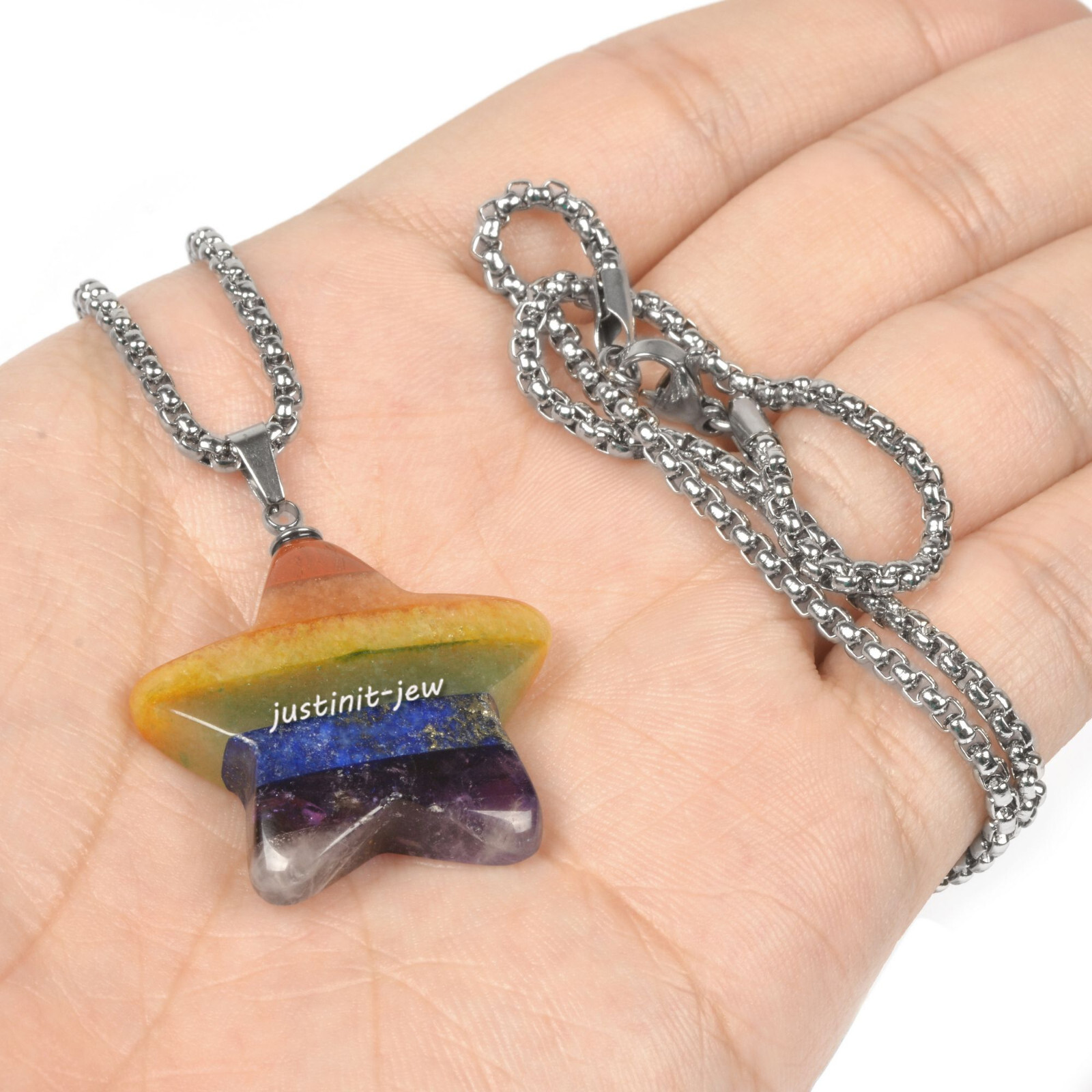 30mm 7 Chakra Gemstone Healing Crystal Star Pendant &Necklace 22 Inch