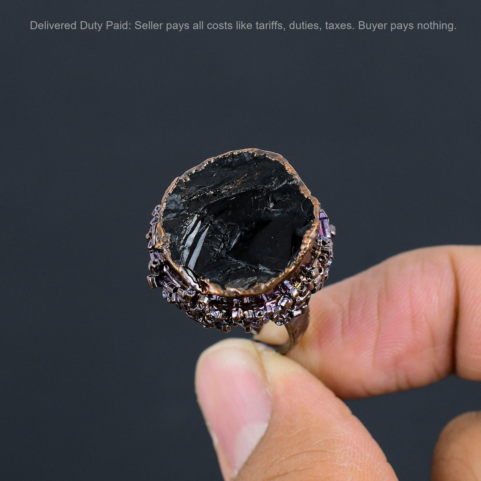 Copper Black Tourmaline Rough Stone Solitaire Electroformed Artisan Ring Jewelry