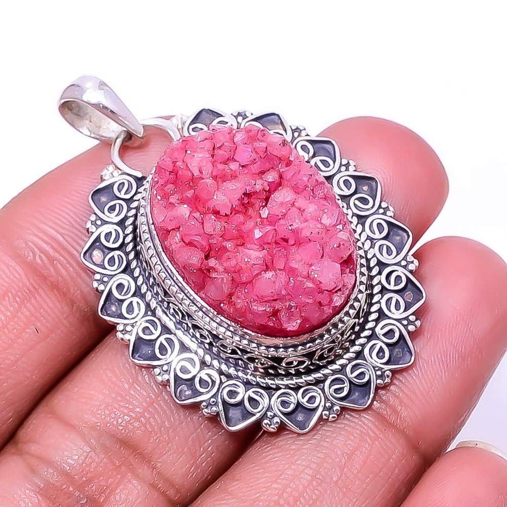 Natural Pink Quartz Drusy Fine Art 925 Sterling Silver Pendant 1.76″ P939520514