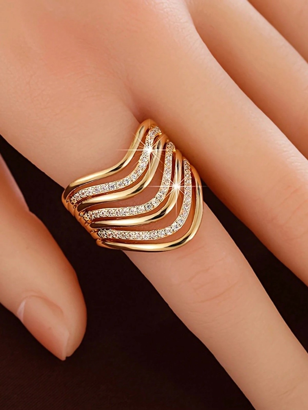 Elegant Cubic Zirconia Ring Wide Band Hollow Women’s Party Jewelry Gift for Her