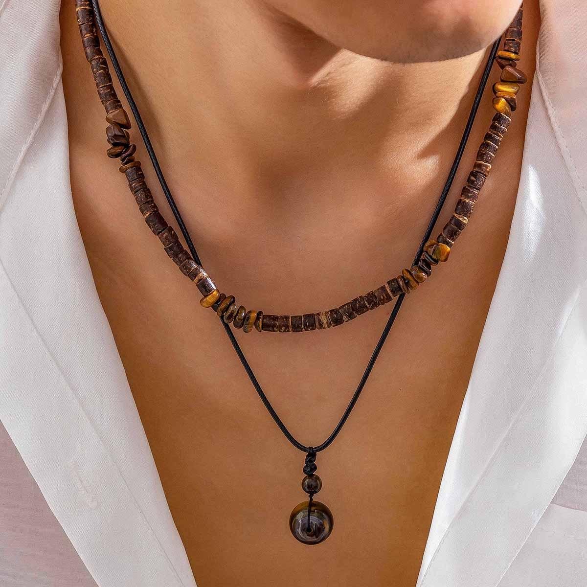 2pcs Boho Stone Pendant Necklaces Vintage Wood Bead Chokers for Men – Ethnic