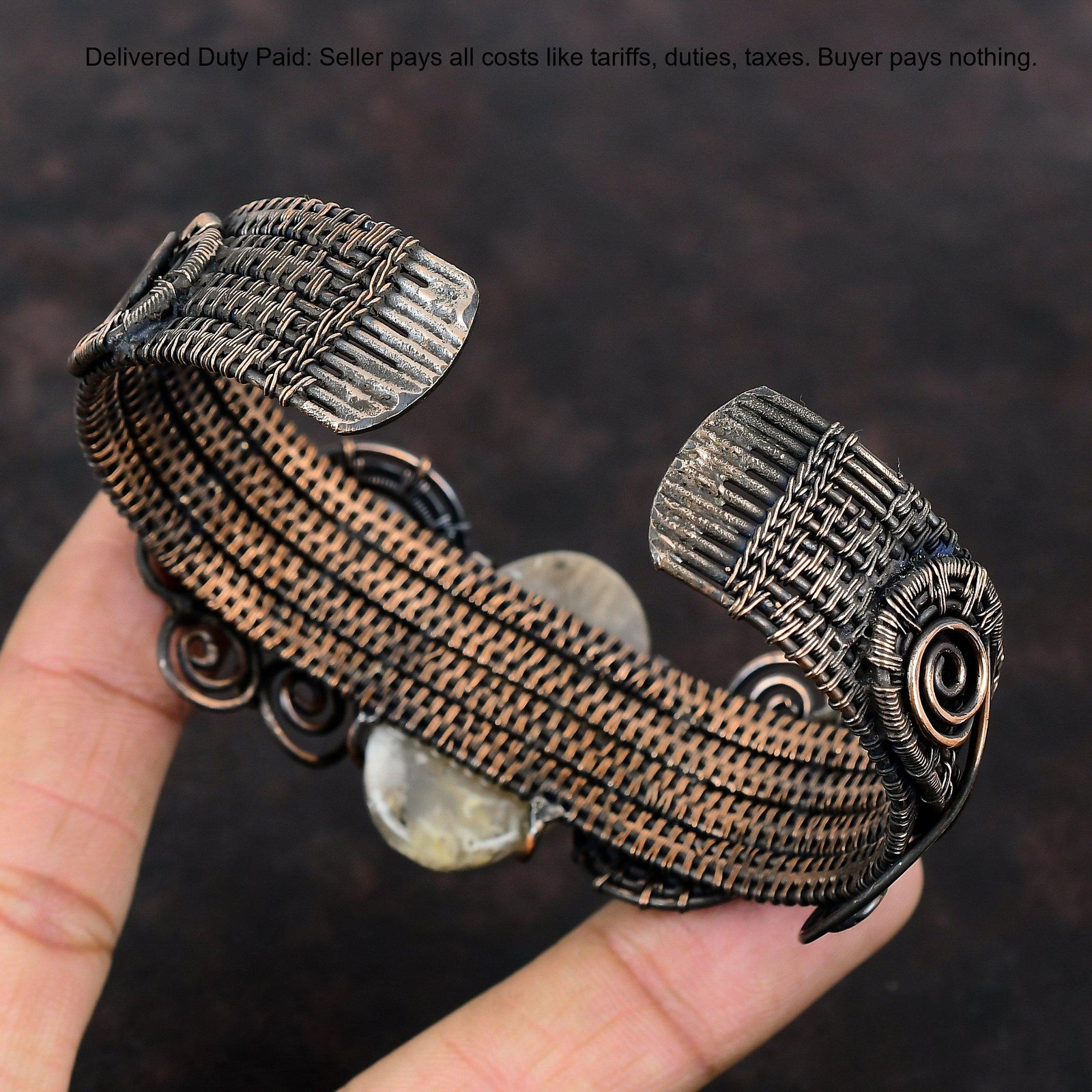 Copper Oval Natural Plume Agate Rainbow Moonstone Wire Wrapped Wife New Bangle