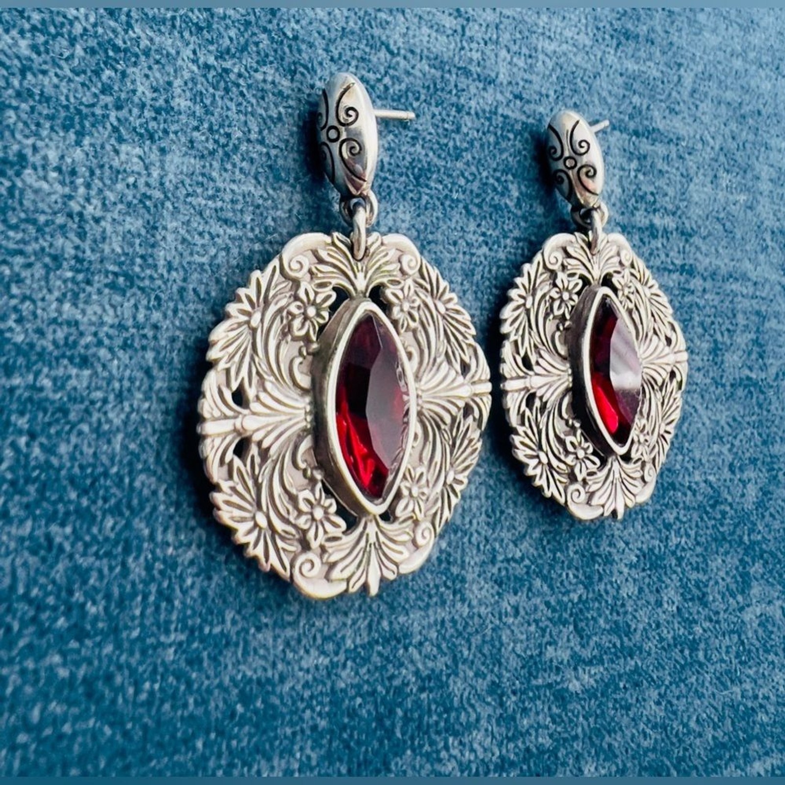 Brighton Rouge Lace Silver Plate Drop Post Earring w Red Navette Crystal