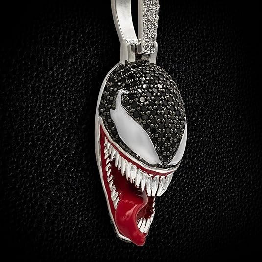 Venom Character Face Charm Pendant Simulated Black Diamond 14K White Gold Plated