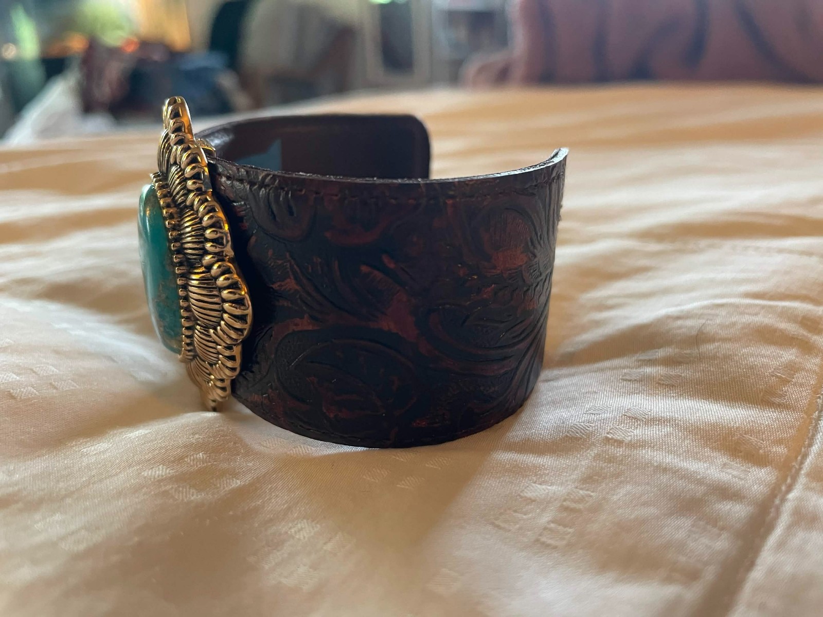 Barse Thailand, turquoise leather womens bracelet vintage gold tone