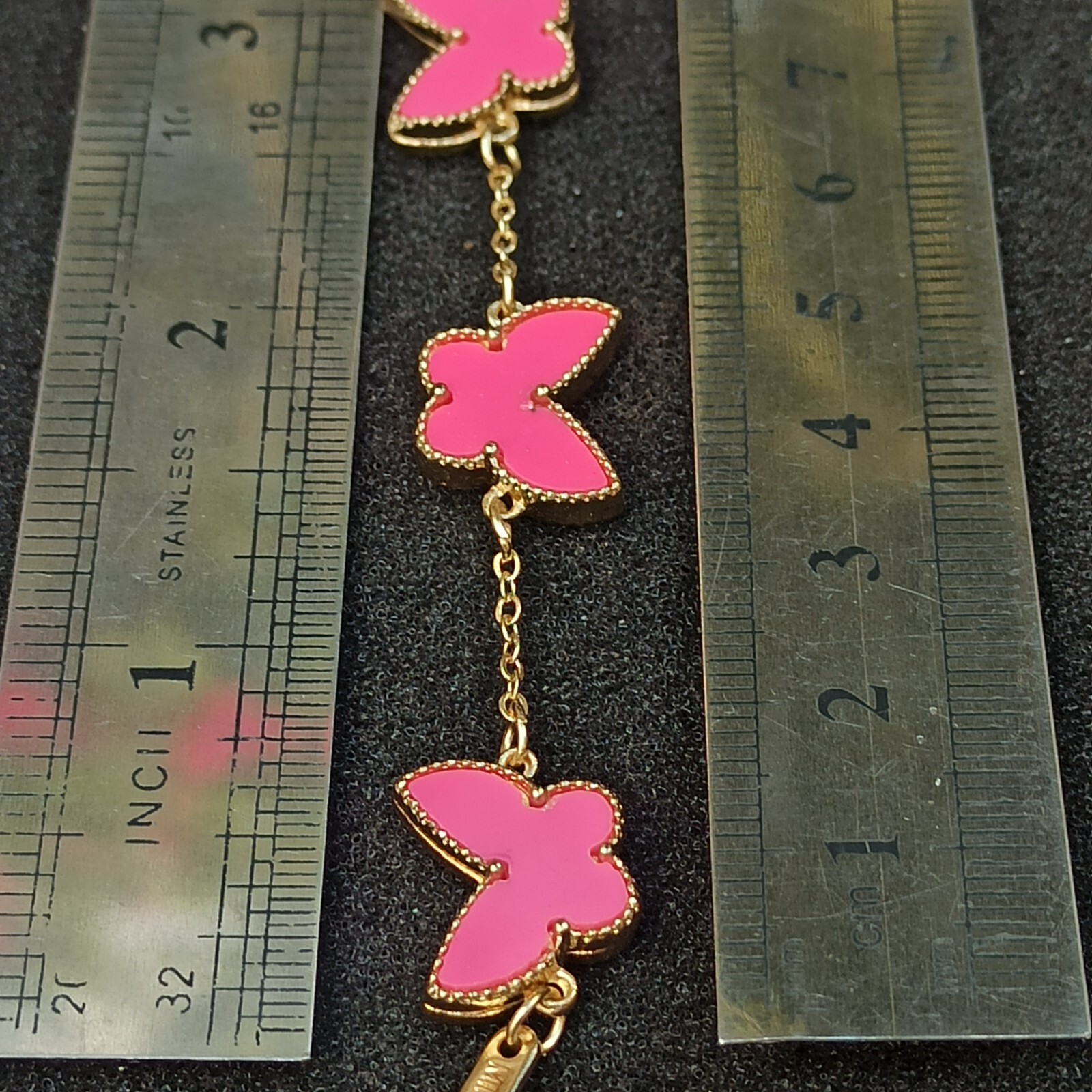 Pink Butterfly Bracelet Signed MINISO Gold Tone Station Girl Teen Gift Modernist