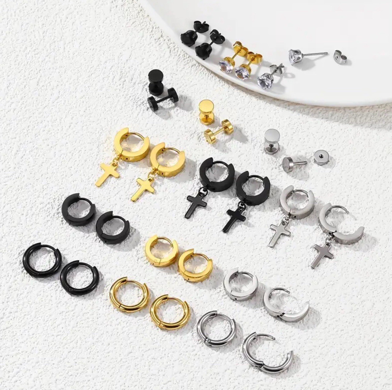 30pcs Men’s Casual Earrings Set – Stainless Steel Studs & CZ Hoops
