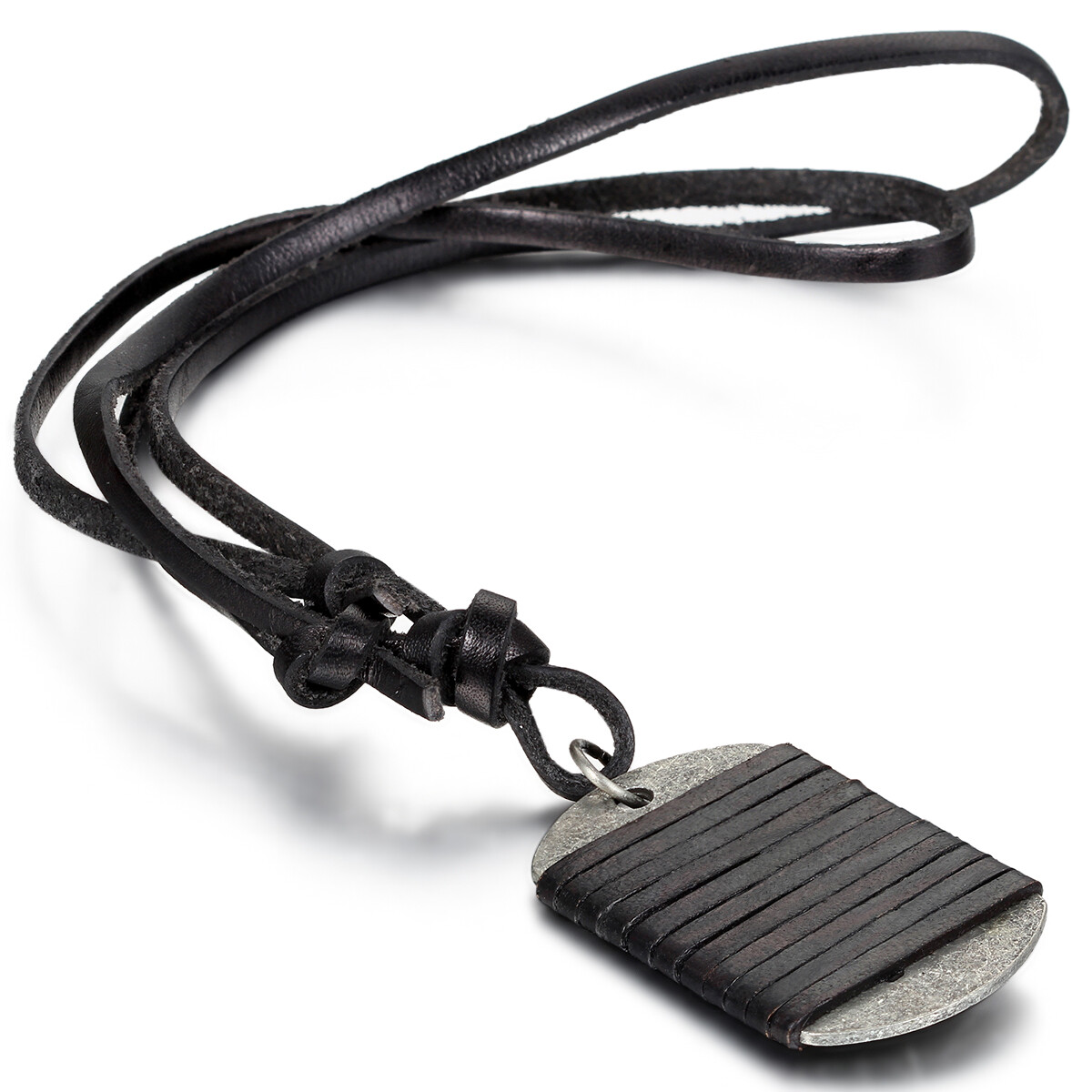 Army Military Dog Tag Men’s Black Leather Pendant Necklace w Adjustable Cord