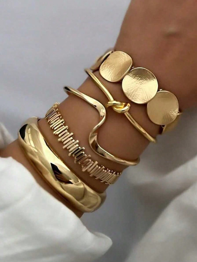 5pcs Vintage Gold Geometric Metal Bracelet Set Luxury Bangle Jewelry Women