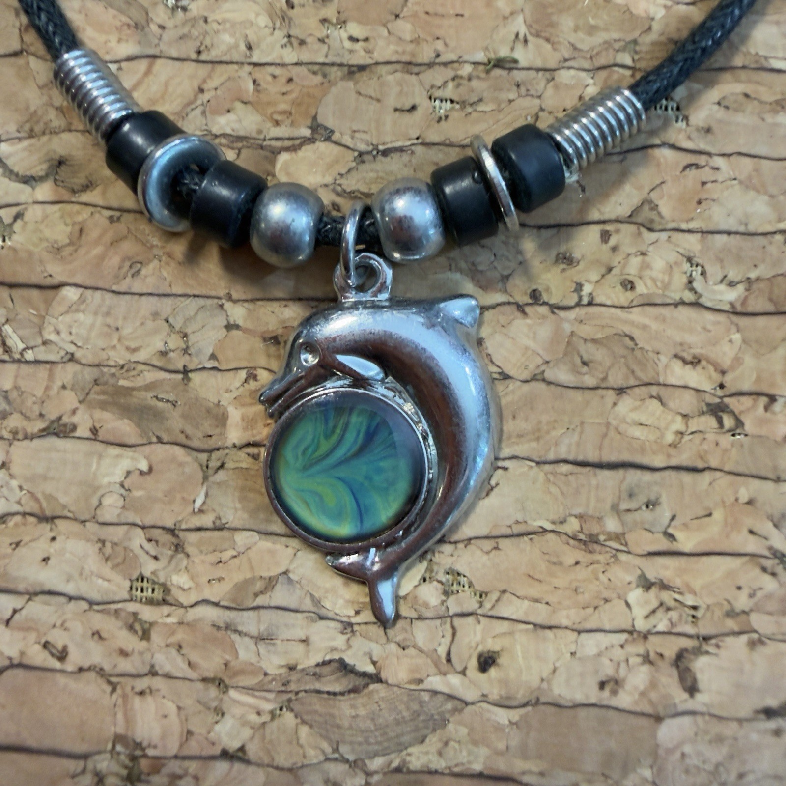 Vintage Y2K Mood Dolphin Necklace Color Change Pendant Black Cord Beach Boho