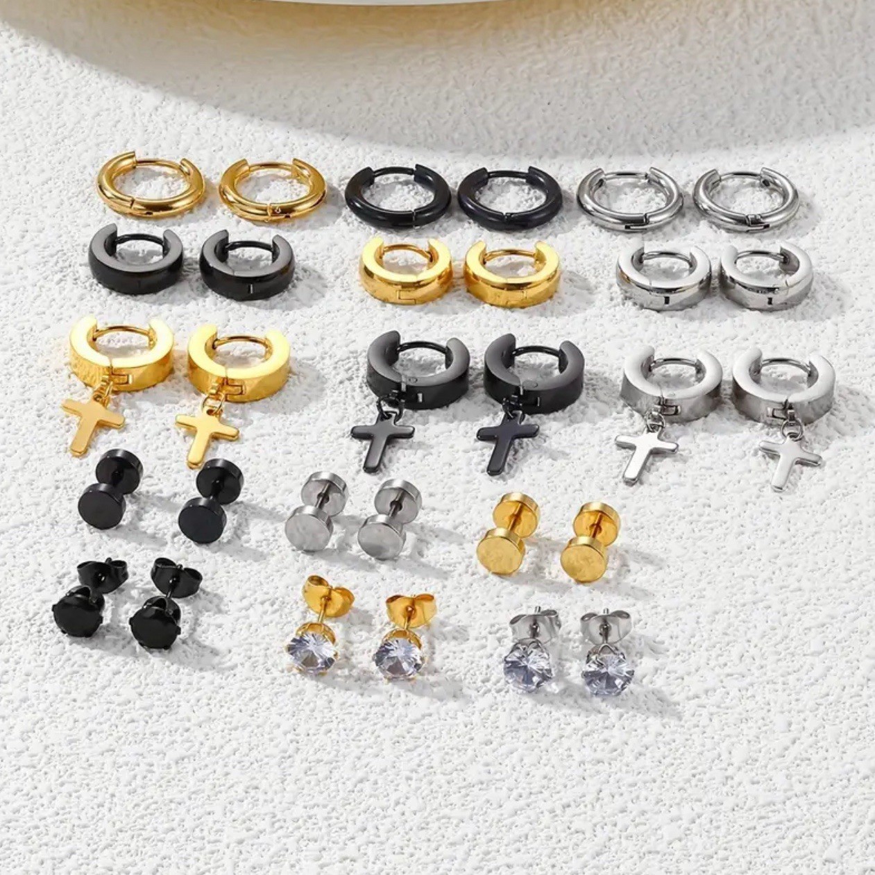 30pcs Men’s Casual Earrings Set – Stainless Steel Studs & CZ Hoops