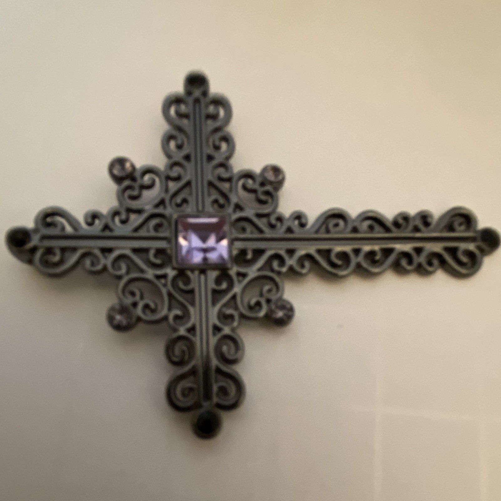 Vintages Black Filigree Cross Pendant Purple Square Crystal Accents Metal