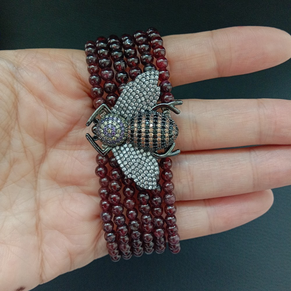 8″  6 Rows Natural Round Garnet Bracelet Cz pave Bee Connector