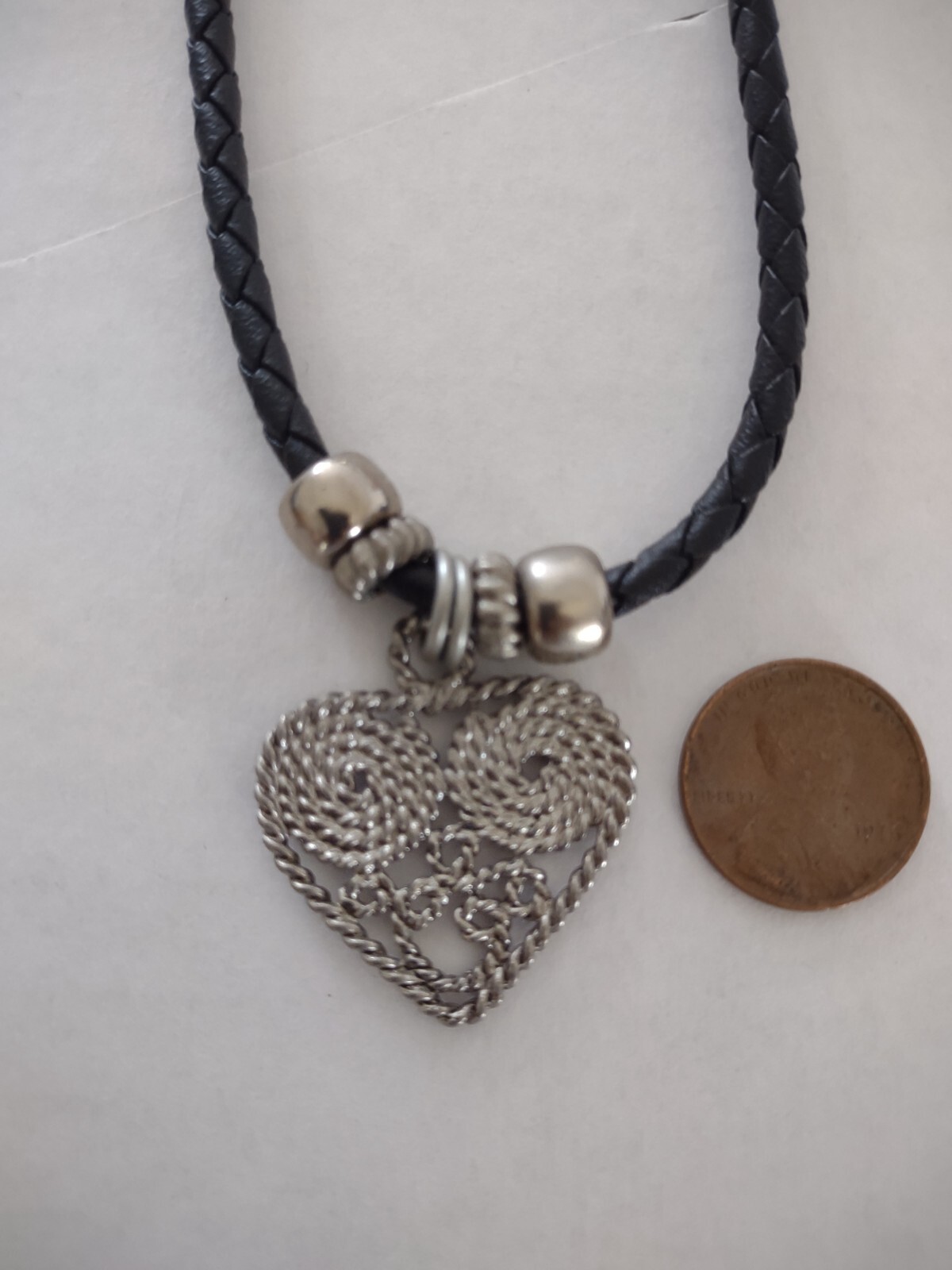 Vintage Silvertone Heart Pendant Choker Necklace Black Braided Leather Cord