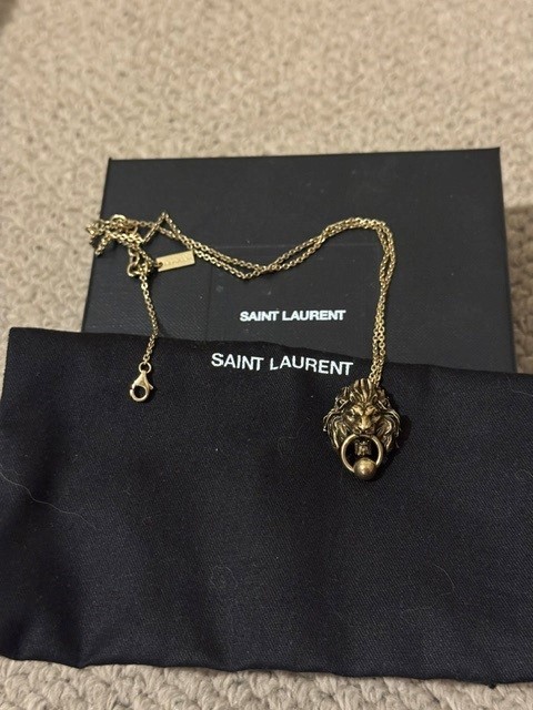Saint Laurent YSL Lion Knocker Pendant Necklace Old Gold Metal Full Set Box Dust