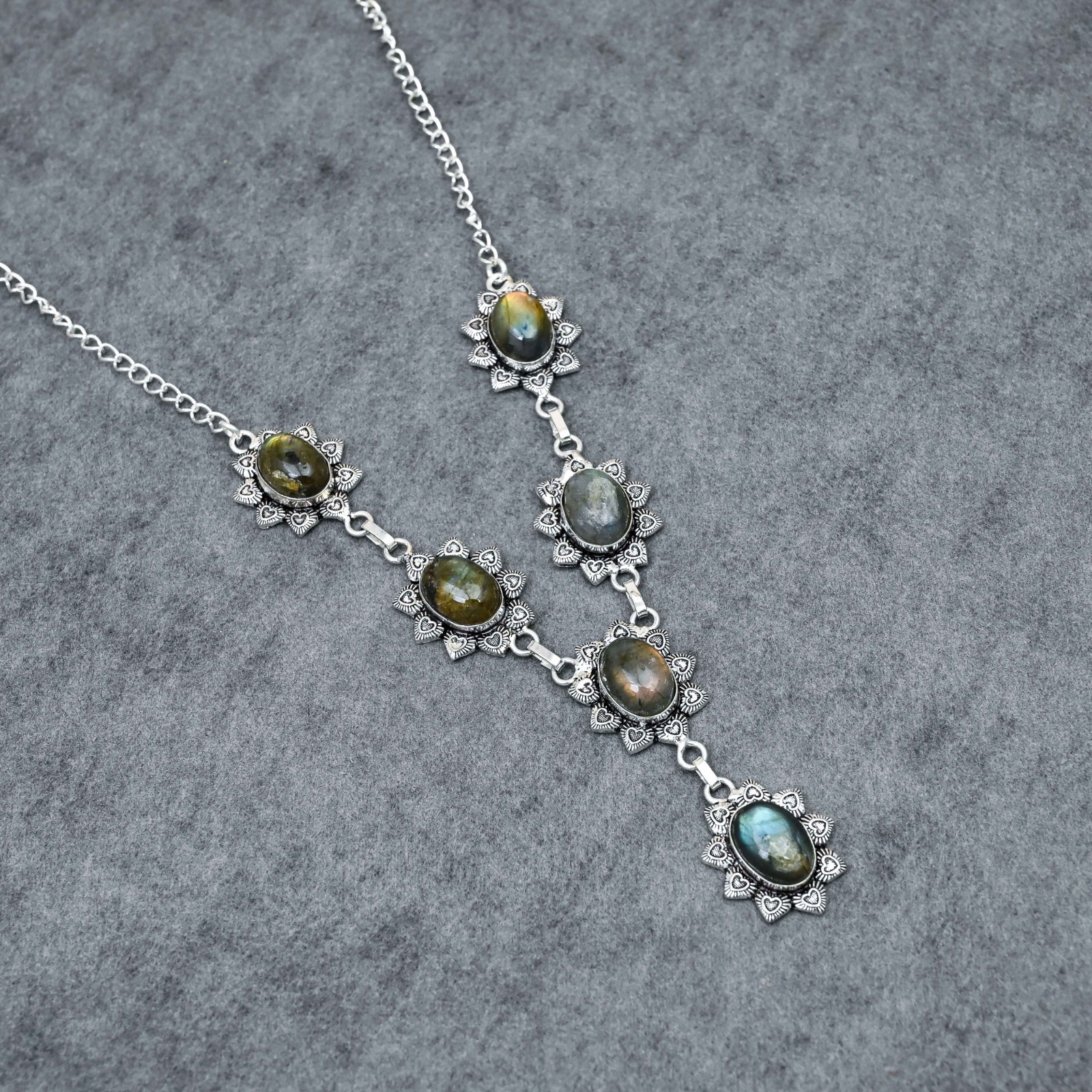 Silver Plated Labradorite Y-Necklace | Multi-Stone Milgrain Cabochon | Artisan